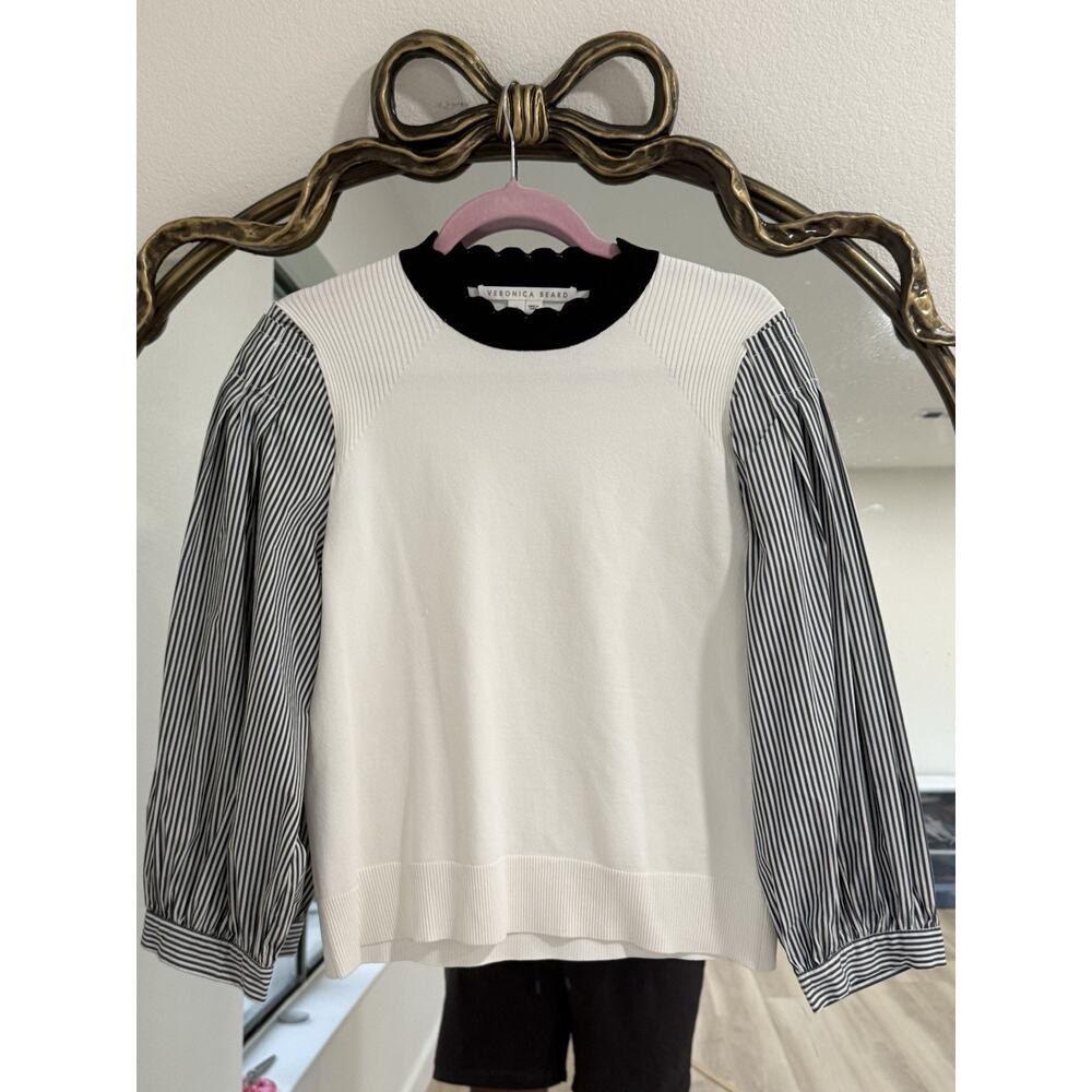 Veronica Beard Roy Mixed Media Sweater Top Med White Black Stripe Puff Sleeves